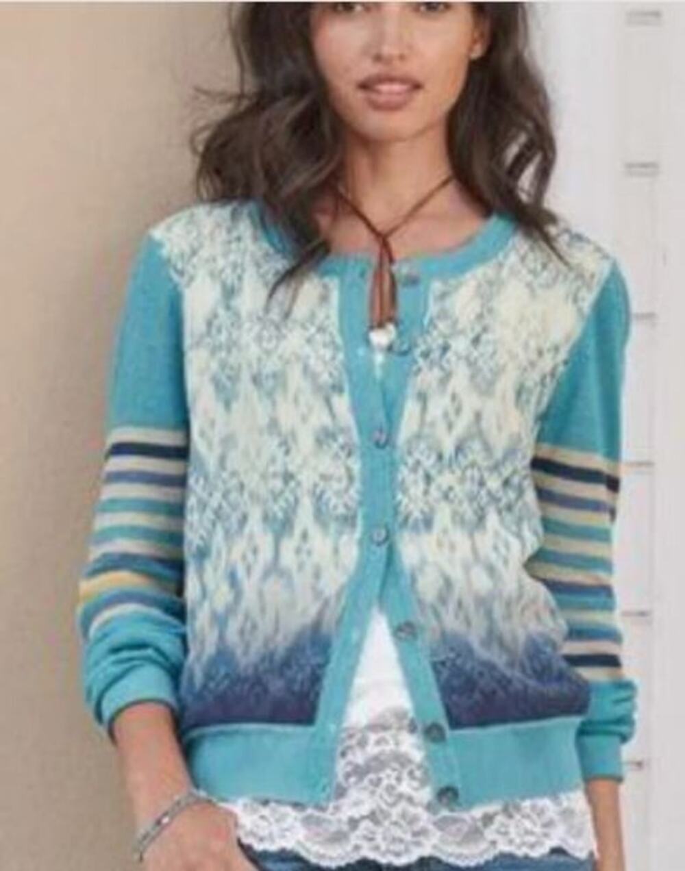 Sundance Small Ikat Joy Cardigan Sweater Blue Linen Silk Rayon Blend Button Up